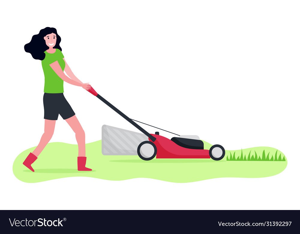 Flat woman with lawn mower